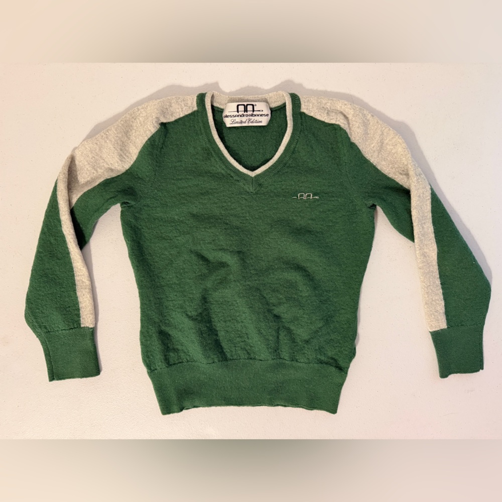 VTG Alessandro Albanese AA Green & White Wool Acrylic Knit V-Neck Sweater Size L